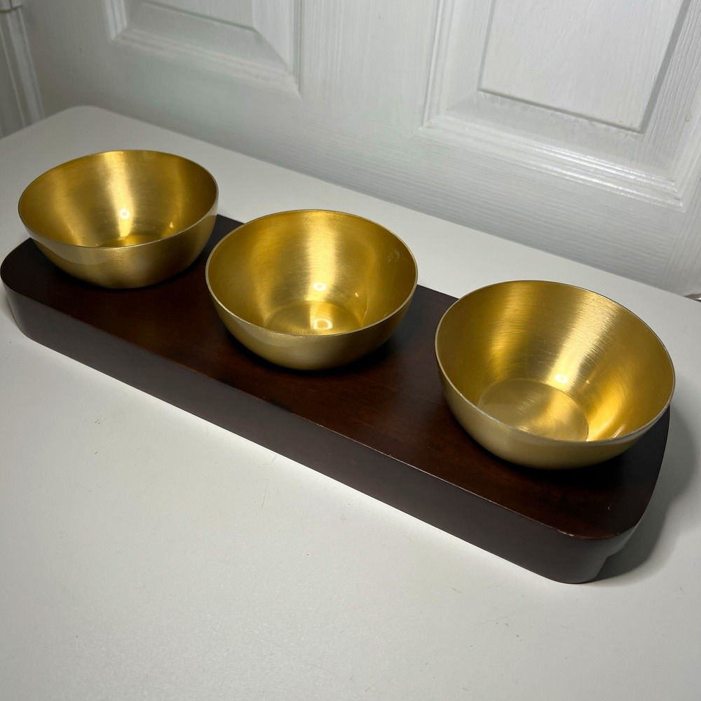 Thirstystone Gold Brass Condiment Bowl Set with Mango Wood Tray, 4-Piece